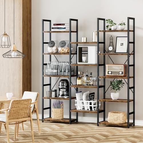 NUMENN Triple Column 5 Tier Bookshelf with 14 Adjustable Shelves, Vintage - Image 2