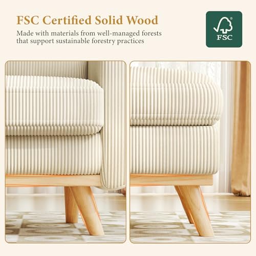 Vesgantti 38.5" Accent Chair with Movable Ottoman, Comfy Corduroy Armchair with Spring Cushion, Reading Chair with Ottoman, Modern Single Sofa for Living Room, Bedroom and Apartment, Beige - Image 5