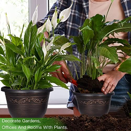 Plastic-Plant-Flower-Planters-10 Inch With Drainage Hole & Saucer, 3 Packs Lightweight Small Resin Flower Pot Indoor Outdoor, Retro Antique Imitation Decorative Garden Containers Sets For Houseplants - Image 6