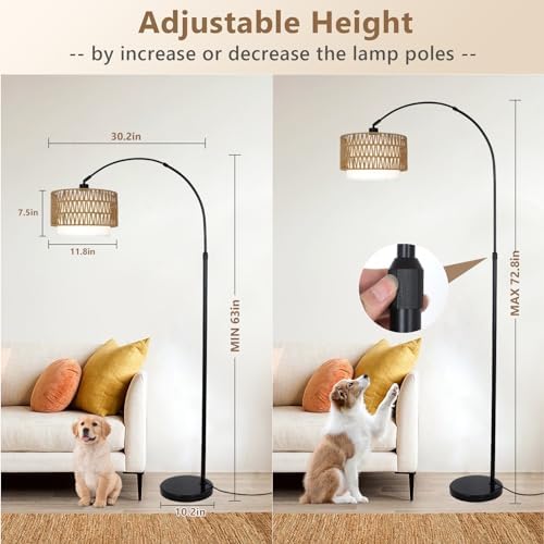 eyassi Arc Floor Lamp with Remote, Modern LED Floor Lamp with Dimmable Bulb, Boho Farmhouse Standing lamp with Fabric & Rattan Lampshades, Height Adjustable Black Tall Lamp for Living Room Bedroom - Image 3