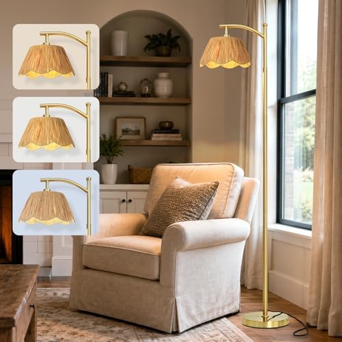 Cinyirong 62.5" Rattan Arc Floor Lamp with 3 Color Temperatures, Boho Hand Woven Shade Standing Floor Lamp, Gold Metal Base Foot Switch Farmhouse Tall Corner Reading Lamp for Living Room Bedroom by Cinyirong