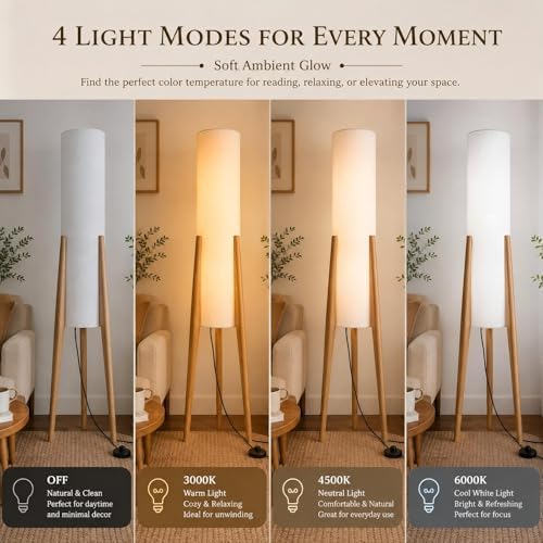 BOFEA-50 Floor Lamps for Living Room,Nordic Modern Floor Lamp,Tall Standing Boho Lamp with Fabric Shade,3 Color Art Standing Lamps,Farmhouse Wood Floor Lamp for Bedroom Office Corner - Image 6