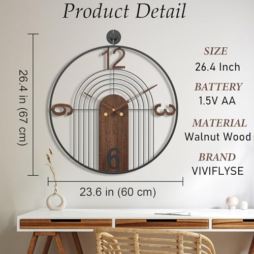Large Modern Walnut Dial Wall Clock, Wood Metal Frame Silent Non Ticking Decoration Wall Clocks for Living Room, Bedroom, Kitchen, Study, Handmade Home Decor Gift Idea, 26.4 Inch - Image 2