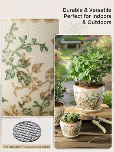 Retro Ceramic Garden Pots, 5.8 Inch Plant Pots with Drainage and Attached Saucer Set of 4, Chinoiserie Floral Large Flower Pots for Home Decor, Plant Lover Gifts, White Green - Image 5