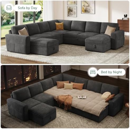 HONBAY Modular Sectional Sleeper Sofa with Pull Out Bed Oversized Corduroy L Shaped Sofa Bed with Storage Couches for Living Room,Dark Grey - Image 4