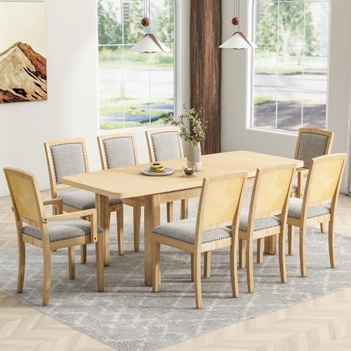 9-piece Rustic Extendable Dining Table Set with 24'' Removable Leaf, 6 Upholstered Rivet Decoration Armless Dining Chairs and 2 Arm Chairs, Wood Kitchen Dining Set for 8, Curved Top (Natural-9S) by Unknown
