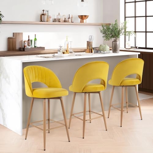 Swivel Bar Stools Set of 3, Counter Height Barstools for Kitchen Island, 26" Seat Height Bar Chairs for Dining Room, Velvet Upholstered Bar Stool with Back and Footrest, Yellow - Image 6