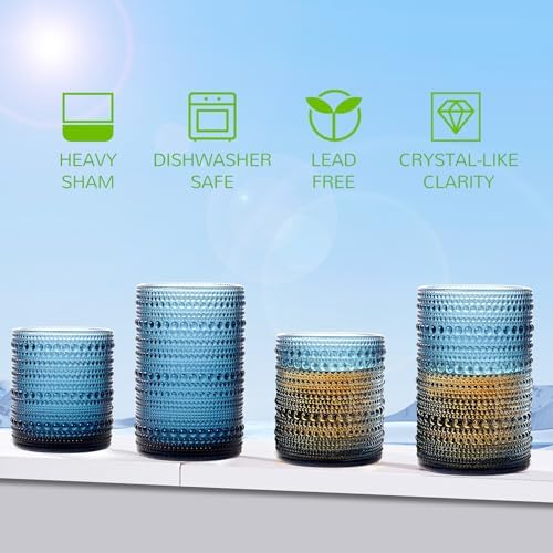Vintage Hobnail Drinking Glasses Set of 12-14 oz Old Fashioned Glass Cups & 11 oz Cocktail Glasses, Aesthetic Kitchen Bar Tumbler Glassware Gifts Sets, Blue (12Pcs Blue XL) - Image 4