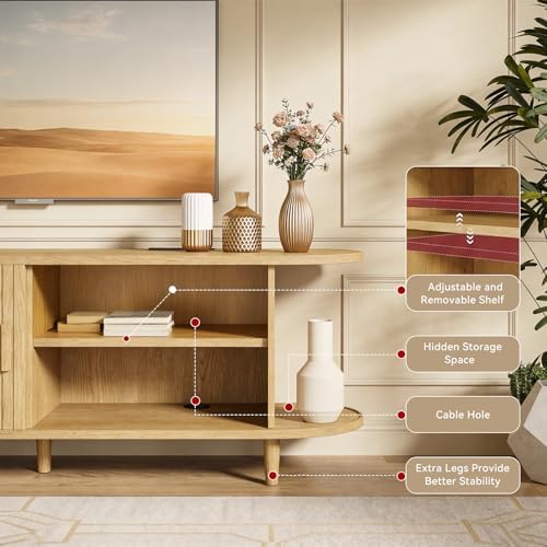 65" Mid Century Modern TV Stand with Power Outlet, Fluted Entertainment Center with Storage and Adjustable Shelves, Wood TV Console with Sliding Doors for Living Room, Oak - Image 6