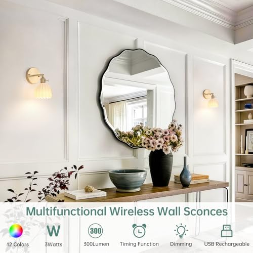 Shenmoyl Vintage Battery Operated Wall Sconce with White Tulip Glass Lampshade Rechargeable Battery Powered Wall Light with Remote Control for Bedside Bedroom Doorway, Set of 2 - Image 2