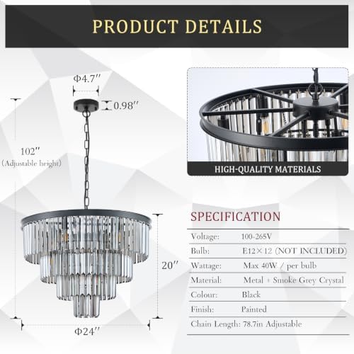 CATINER 24" Smoke Gray Crystal Chandeliers,12 Lights Black Light Fixture - Image 2