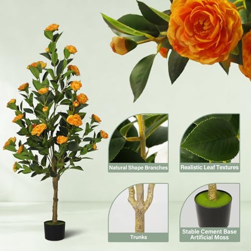 2-Pack 4FT Artificial Camellia Tree,Realistic Fake Potted Plants with Flowers&Planters,Indoor/Outdoor Faux Flowering Trees for Home,Office,Porch,Wedding,and Housewarming Gift Decor,Orange - Image 3
