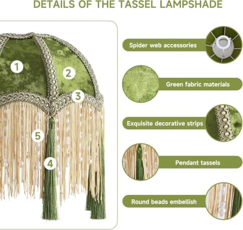 QIYIZM Vintage Floor Lamp for Living Room,Bedroom,Fringe Standing Lamp with Remote Dimmable,Green Mid Century Gold Arc Tall Lamp Boho Retro Wood Tassel Flower Unique Lamp Tiffany Victorian Decor - Image 5