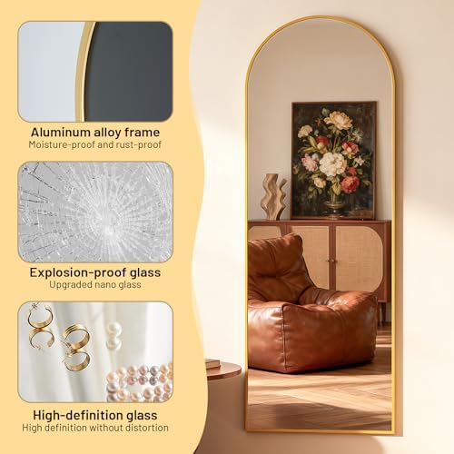 Simple Deluxe Arched Full Length Mirror, 67"x24" Large Floor Mirrors, for Wall Door Bedroom Bathroom Living Room (Gold) - Image 4