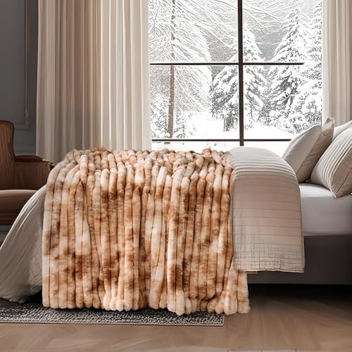 Amélie Home Soft Faux Fur Throw Blanket for Couch, Tie-dye Khaki, 55"x70" - Image 3