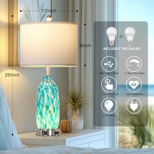 Rinweey 26" Peacock Green Glass Table Lamps Set of 2,Coastal Nautical Bedside Lamps with USB Ports & AC Outlet,Lamparas Elegantes para Cuarto with Night Light for Bedroom Living Room Decoration - Image 4