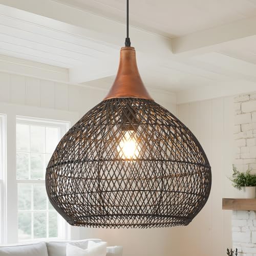 Black Rattan Pendant Light, 15.7" Rattan Chandelier Hand-Woven Wicker Pendant Light Fixtures with Solid Wood, Basket Hanging Lighting for Dining Room Kitchen Island Living Room by Karjearl
