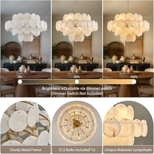 D31.5 Round Alabaster Chandelier, 4-Tier Brass Marble High Ceiling Chandeliers, 12-Light Modern Dimmable Pendant Light for Living Room Dining Room Bedroom Foyer Hallway Kitchen (Include Bulbs) - Image 5
