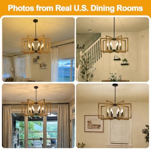 25"-61" Height Adjustable Retro Wood Texture Chandelier for Dining Room, No Assembly Required Dining Room Light Fixture Over Table, Industrial Metal Pendant Lights Fixture for Kitchen Island - Image 5