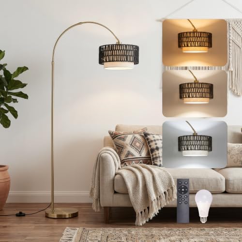 Arc Floor Lamp for Living Room with Remote, 61.5"-72.4" Height Adjust Dimmable LED Floor Lamp with 3 Color Temps, Farmhouse Arched Standing Lamp,Boho Floor Lamp, Arched Floor Lamps for Bedroom, Office by NUBEAURA