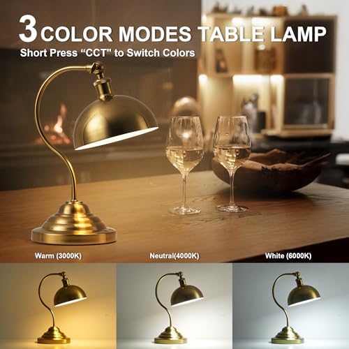KARTOOSH Cordless Table Lamp, Battery Operated Vintage Desk Light, Brass - Image 3