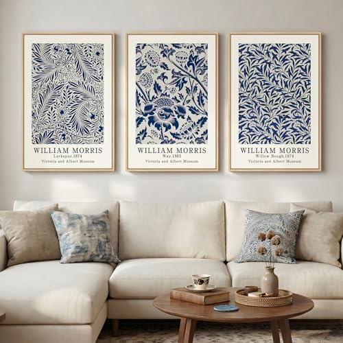 Large Framed William Morris Blue Canvas Wall Art for Living Room, 3 Piece by Cuspin