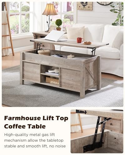 OKD 48" Farmhouse Lift Top Coffee Table Sliding Barn Door, Light Rustic Oak - Image 3