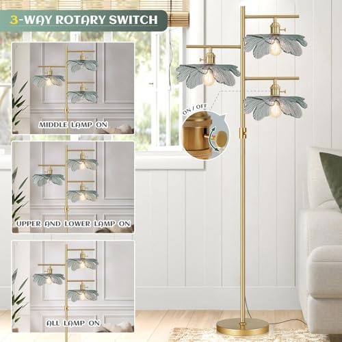 Vintage Floor Lamp Farmhouse Floor Lamps for Living Room, Brass Tree Lamps Dimmable Standing Lamp Tall Lamps with Dark Green Glass Shade, Gold Flower Floor Light for Bedroom Corner Study - Image 2