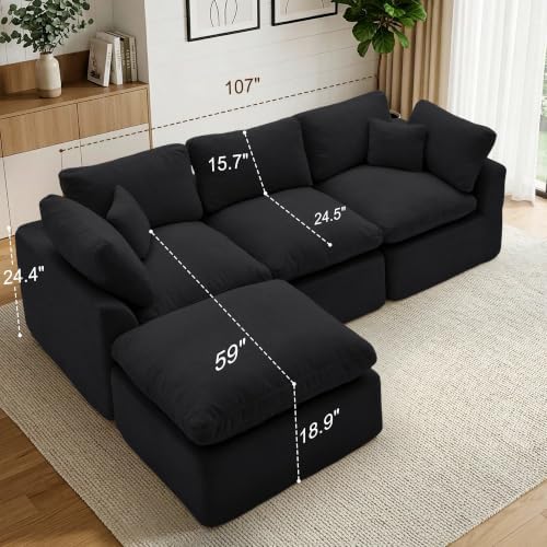 Korser 110" Cloud Sectional Boneless Couches for Living Room, Modern Modular Sectional Sofa with Ottoman, Cloud Couch with Comfy Deep Seats, Cut Pile Chenille L-Shape Sofa Couch for Living Room, Black - Image 2