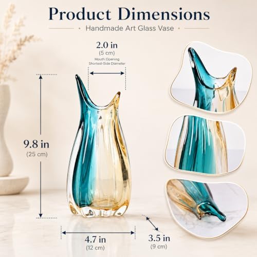 Hand Blown Teal Amber Colorblock Glass Vase, Modern Home Table Centerpiece - Image 4