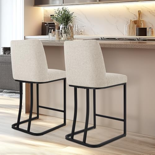 Counter Height Bar Stools Set of 2, 24 Inch Seat Height Bar Chairs for Kitchen Island, Linen Fabric Upholstered Barstools with Metal Feet for Dining Room, Beige - Image 5