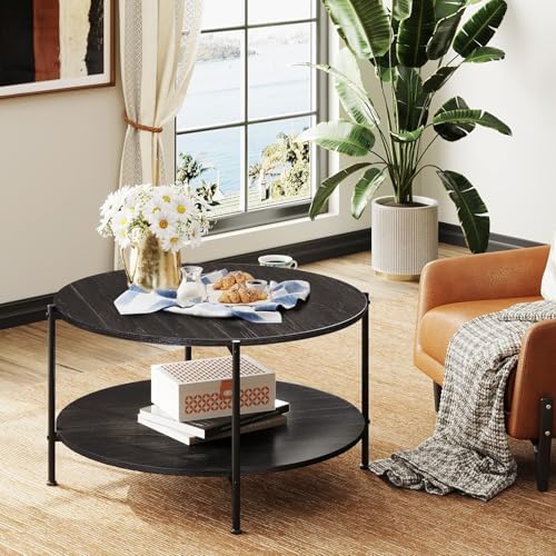 WLIVE Round Coffee Table for Living Room, 32.6" Small Coffee Table with Open Storage Shelf, 2-Tier Industrial Circle Wood Center Table for Bedroom, Home Office, Charcoal Black - Image 4