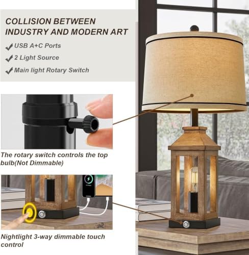 G-SAFAVA 23.75" Farmhouse Table Lamps USB A+C Charging Ports 3-Way Dimmable - Image 5