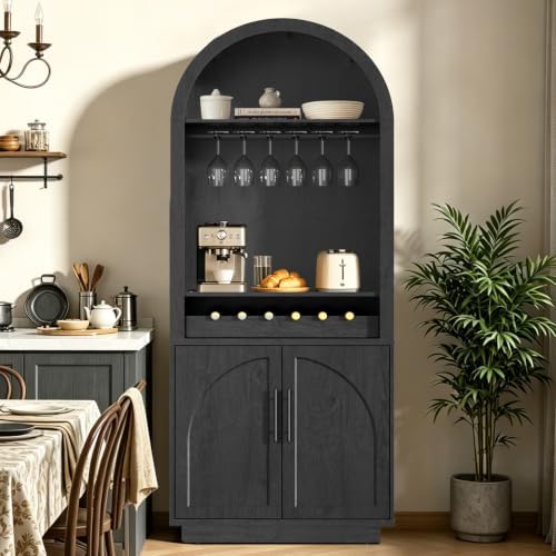 Fatmok Modular Coffee Bar with LED Lighting,Charging Station,Arched Wooden Console Table,Modern Liquor&Wine Display Storage Cabinet for Living Room,Black Grey(FG,2-Piece) - Image 3