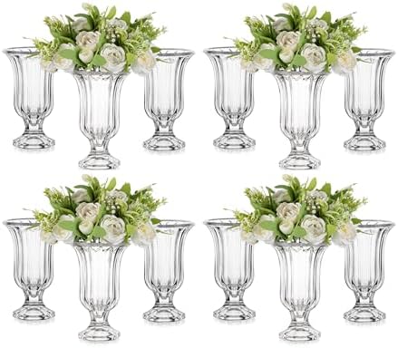 Glasseam Ribbed Glass Vase for Flowers, 7.5in Tall Vases for Centerpieces, Modern Crystal Clear Vase Set of 12, Decorative Flower Vases for Decor, Fluted Footed Urn for Wedding Dining Table Decoration by Glasseam