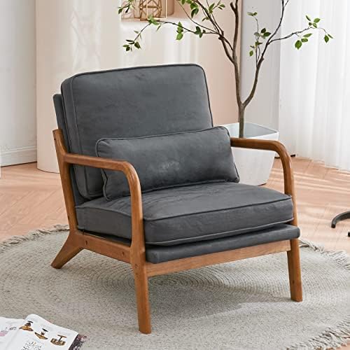 Bonnlo Microfiber Dark Grey Accent Chairs Set of 2, Upholstered Mid Century Modern Lounge Chairs Reading Chairs Side Sitting Chair Solid Wood Farmhouse Armchairs for Living Room, Bedroom, Guest Room - Image 6