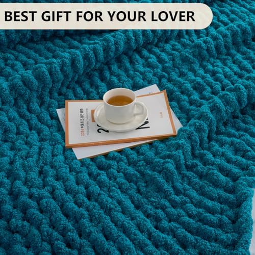 L'AGRATY Chunky Knit Throw Blanket for Couch, 60'' x 80'' Knit Throw, Teal - Image 6