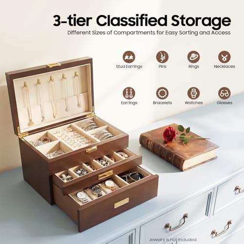 Wooden Jewelry Box for Women, 3 Layers Large Wooden Jewelry Organizer Box Watches Necklace Ring Storage Box for Women (Walnut 3 Layer) - Image 3