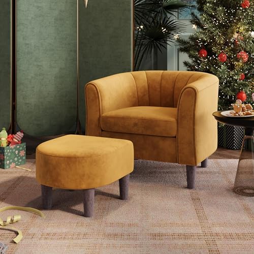 LINSY Accent Chair with Ottoman, Modern Armchair Comfy Barrel Reading Chair with Footrest for Living Room Bedroom Reading Room, Velvet, Yellow by Linsy