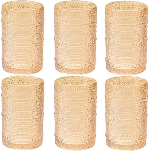 XKXKKE Amber Hobnail Beaded Drinking Glasses Set of 6, 15 oz Vintage Glassware Set Romantic Water Glasses Tumbler, Water Cups, Clear Embossed Glassware Set for Beer, Juice, Cocktail, Soda, Beverages by XKXKKE