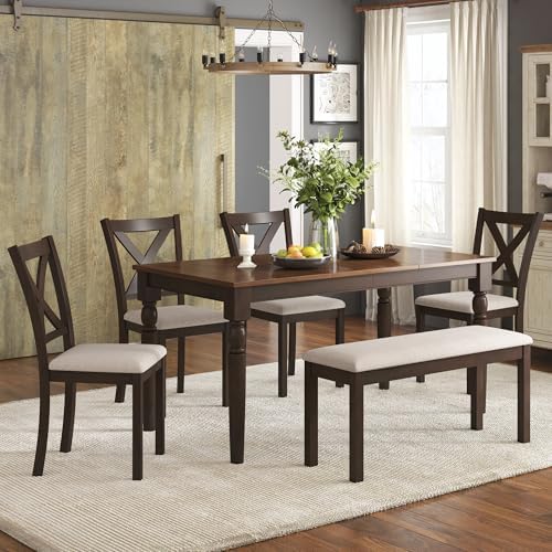AMERLIFE 6 Piece Farmhouse Dining Set with 60" Solid Wood Table, Brown by AMERLIFE