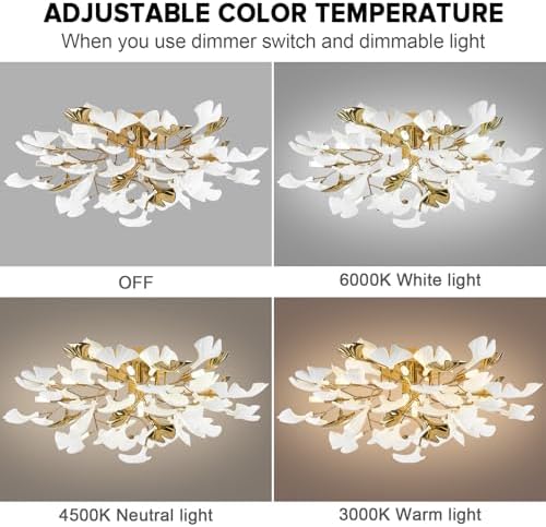 Tree Branch Chandelier Ceiling Light, Modern Gold Ceramic Ginkgo Leaf Chandeliers Brass Flush Mount Chandelier Light Fixture for Kitchen Living Room Dining Room, 31.5" Ceiling Light Fixture - Image 2