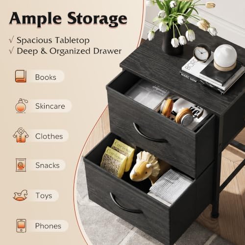 WLIVE Night Stand, Small Dresser with 2 Drawers & Wooden Top, Nightstand with Fabric Bins, Bedside Table End Table for Bedroom, Closet, Entryway, College Dorm, Charcoal Black - Image 4