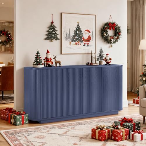 64" Fluted Buffet Cabinet with Storage, Blue Sideboard Cabinet - Image 3