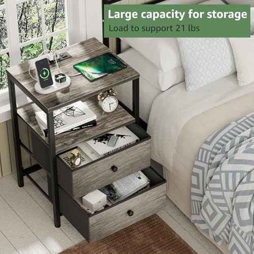 BOLUO Gray Nightstand with Charging Station, LED Night Stand with 2 Fabric Drawers, Bedside Table with USB Ports and Outlets, Nightstand for Bedroom Modern - Image 5
