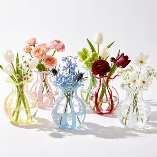 6-Piece 4.5" Ruffled Ribbon Small Vases for Flowers Hand-Blown Glass Vases by ChangSong