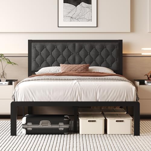 Fluest Full Bed Frame with Headboard Linen Upholstered Bed Frame Platform,All Metal Slats Support Platform Bed Frame with Storage Space,Easy Assembly,Noise Free,No Box Spring Needed,Grey by Fluest