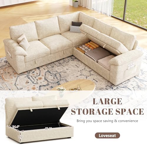 85'' Modular Sectional Sofa with Pull Out Bed, Sleeper Sofa, Beige - Image 6