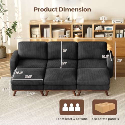 Vesgantti 97" Modular Sectional Sofa Black, Sectional Couch with Movable Ottoman, Comfy Corduroy Couch with Spring Cushion, Modular Sofa with Deep Seat for Living Room, Bedroom and Apartment - Image 2