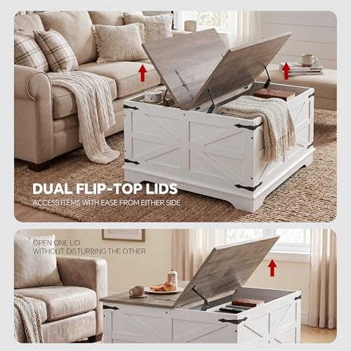 senlin Farmhouse Coffee Table, Heavy-Duty Coffee Table with Storage, Square Wood Center Table Set for Living Room with Pull Up Large Hidden Storage Compartment, Maple White - Image 4